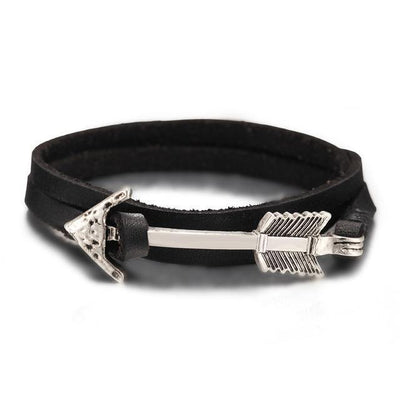 Multiwrap Arrow Leather Bracelet Black Strip - Silver Bracelet
