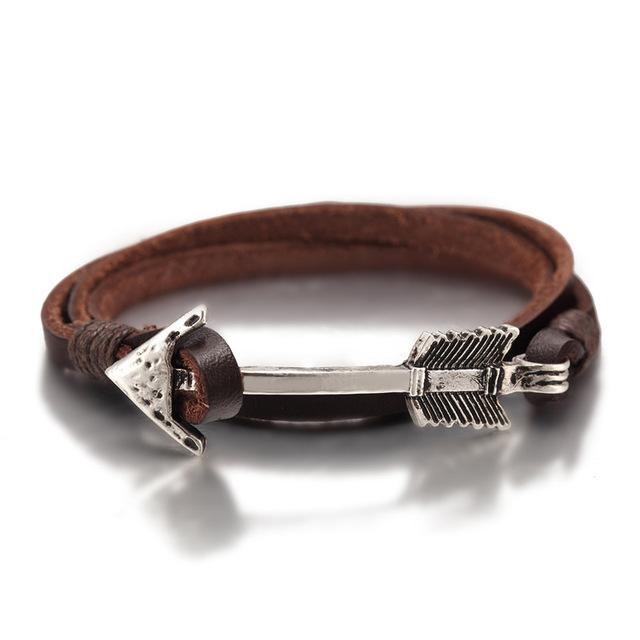 Multiwrap Arrow Leather Bracelet Brown Strip - Silver Bracelet