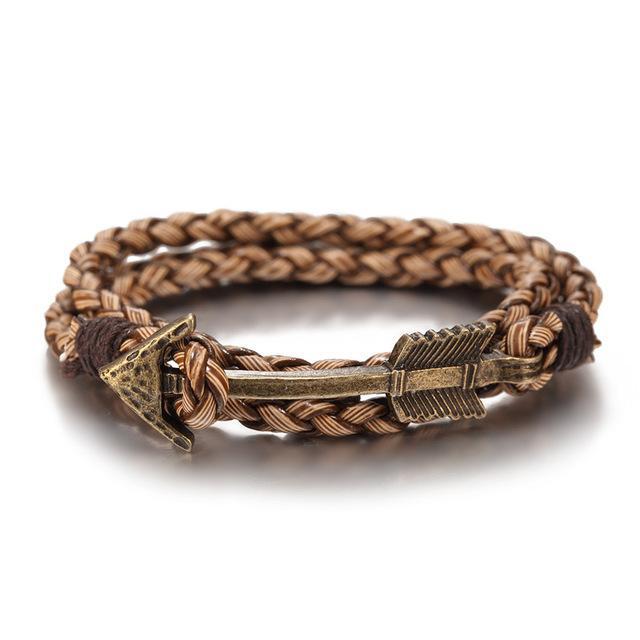 Multiwrap Arrow Leather Bracelet Light Brown Weave - Bronze Bracelet