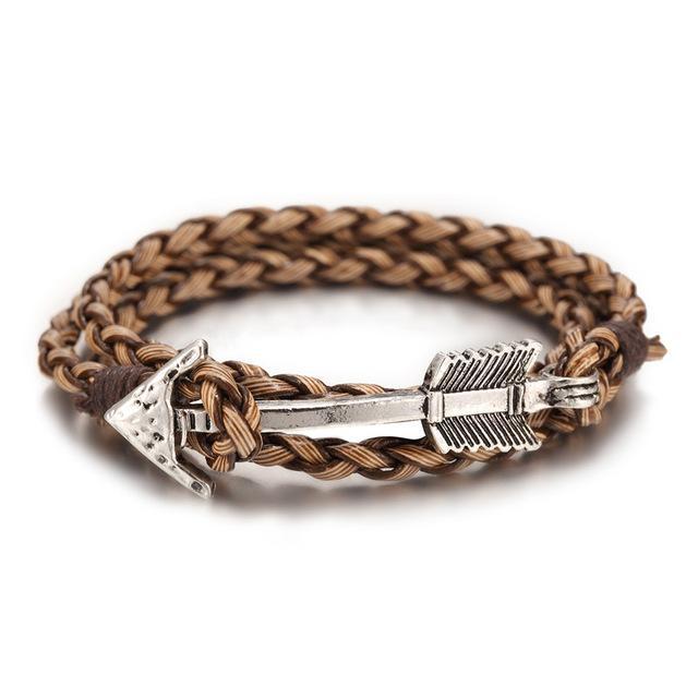Multiwrap Arrow Leather Bracelet Light Brown Weave - Silver Bracelet