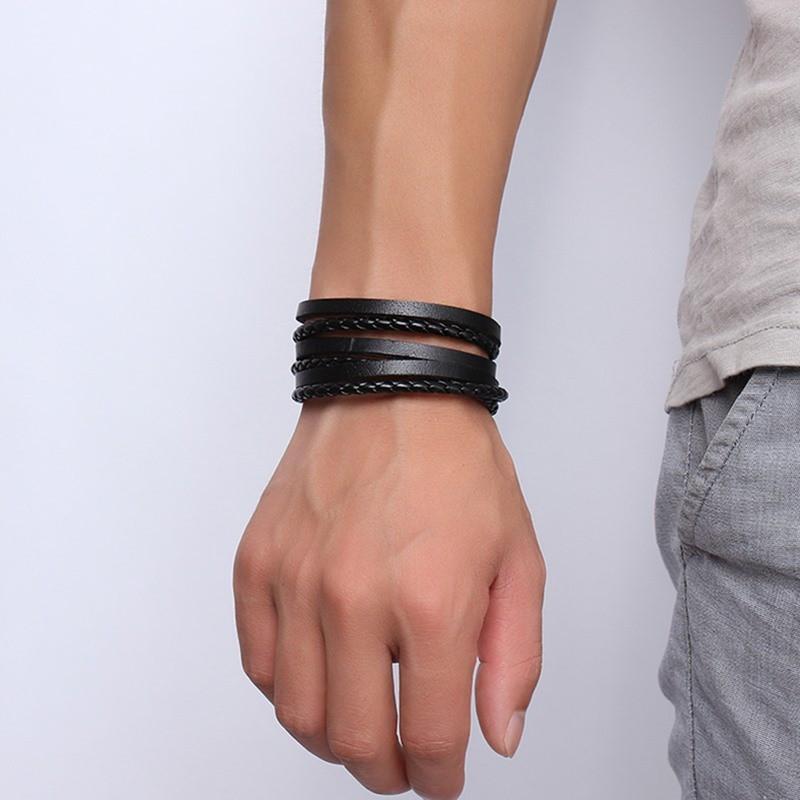 Multiwrap Genuine Black Leather Stainless Steel Bracelet Bracelets