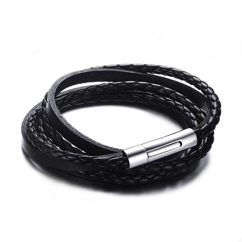 Multiwrap Genuine Black Leather Stainless Steel Bracelet – Project Yourself