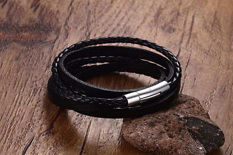 Multiwrap Genuine Black Leather Stainless Steel Bracelet Bracelets