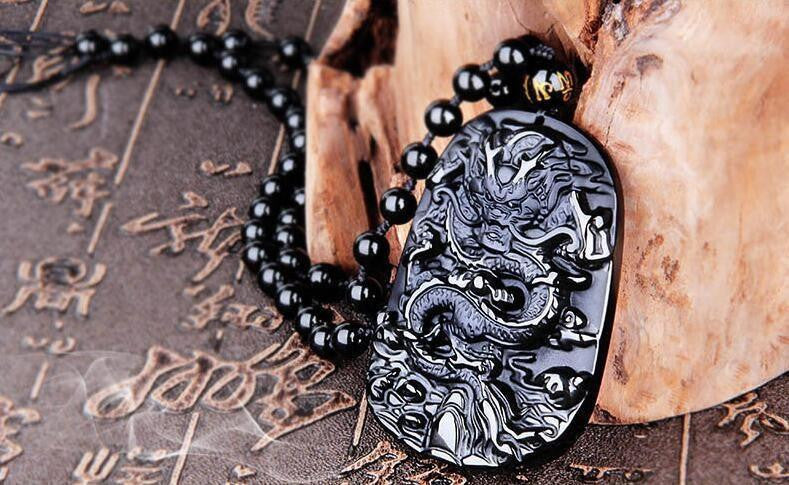 Natural Black Obsidian Dragon Drop Pendant Necklace Necklace