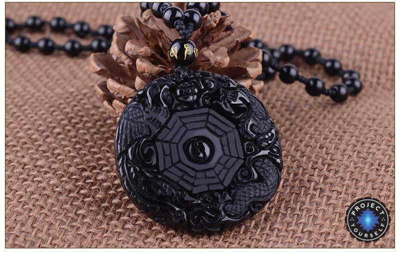 Natural Black Obsidian Dragon Yin Yang Bagua Pendant Necklace Necklace