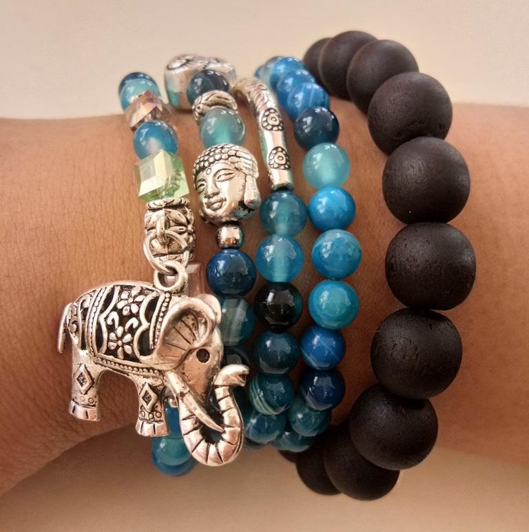 Natural Blue Tourmaline Buddha and Elephant Charm Wrap Bracelet Bracelet