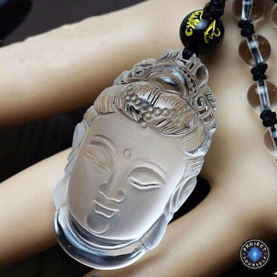 Natural Clear Crystal Carved Guanyin Pendant Necklace Necklace