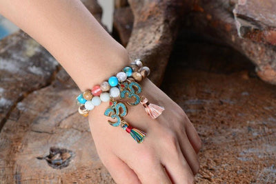 Natural Jasper Beads with Tibetan OM Charm and Short Tassel Mala Bracelet Bracelet