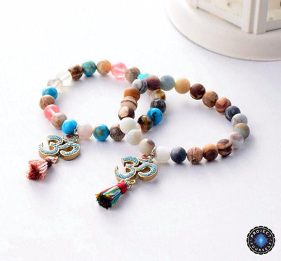 Natural Jasper Beads with Tibetan OM Charm and Short Tassel Mala Bracelet Bracelet