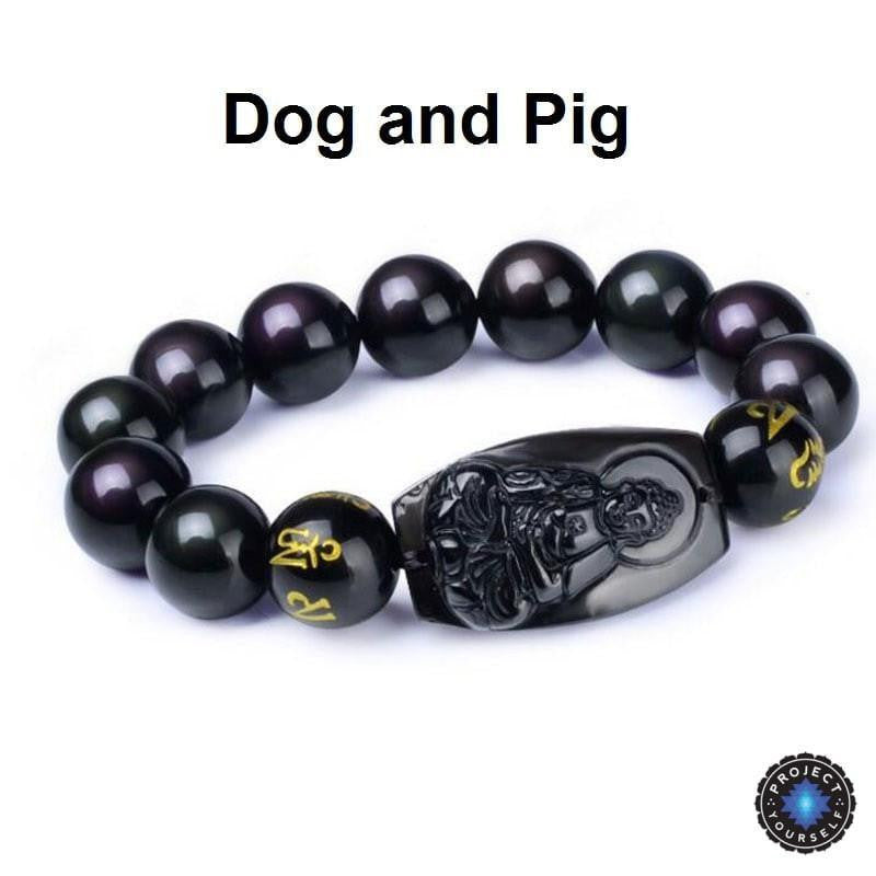 Natural Obsidian Eight Patron Zodiac Bracelet Dog or Pig Bracelet