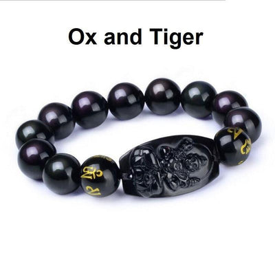 Natural Obsidian Eight Patron Zodiac Bracelet Ox or Tiger Bracelet