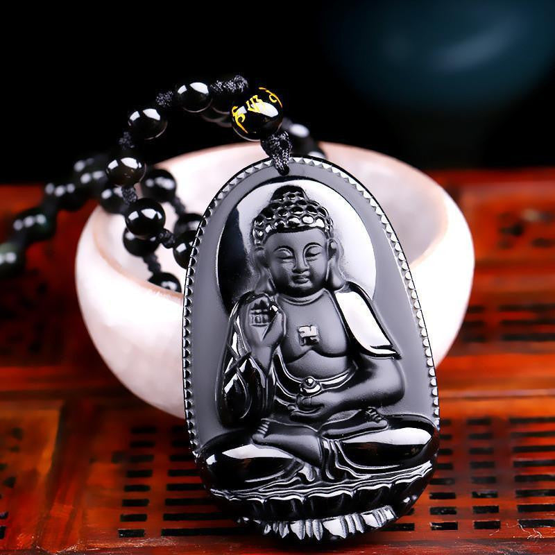 Natural Obsidian Hand Carved Buddha Amulet Pendant Necklace Style 1 Necklace