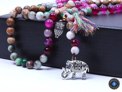 Natural Stone Beads with Owl and Elephant Tassel Charm Knotted Statement Long Necklace Necklace