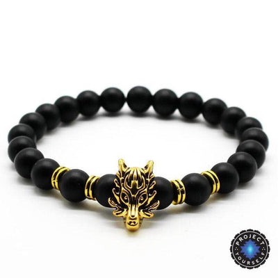 Natural Stone Wolf Head Charm Bracelet Black Agate - Gold Bracelet