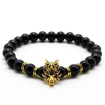 Natural Stone Wolf Head Charm Bracelet Onyx - Gold Bracelet