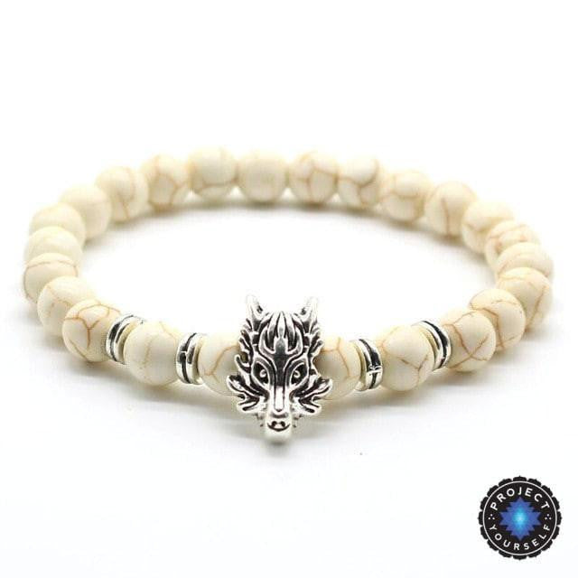 Natural Stone Wolf Head Charm Bracelet White Turquoise A - Silver Bracelet