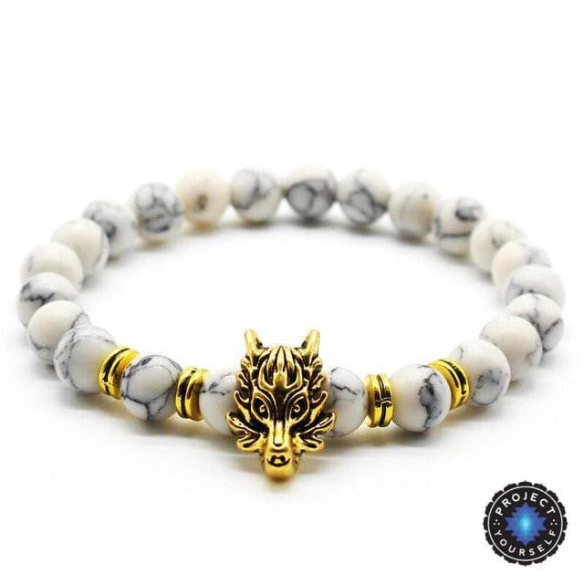 Natural Stone Wolf Head Charm Bracelet White Turquoise B - Gold Bracelet
