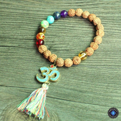 Natural Wood and Stone Beads OM Mantra Charm Tassel Bracelet 7 Chakra Bracelet