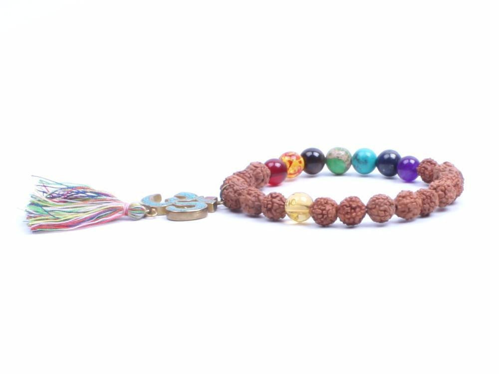 Natural Wood and Stone Beads OM Mantra Charm Tassel Bracelet Bracelet