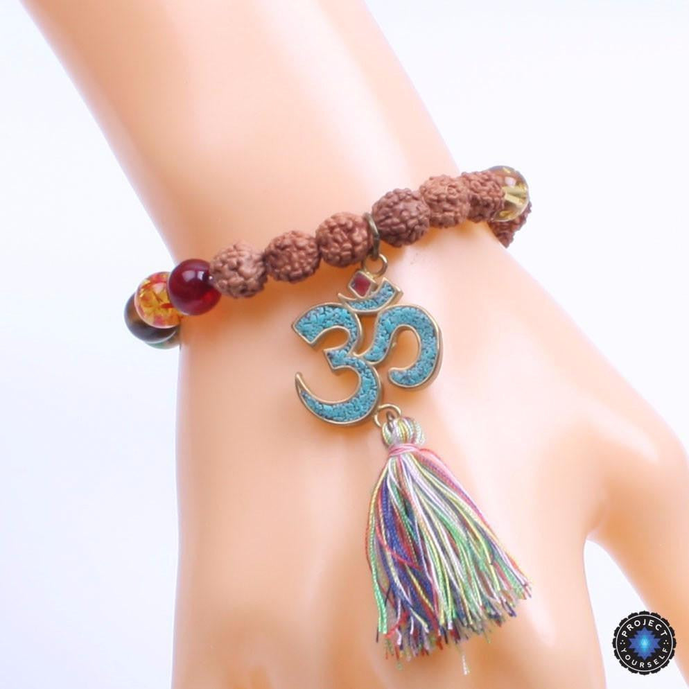 Natural Wood and Stone Beads OM Mantra Charm Tassel Bracelet Bracelet