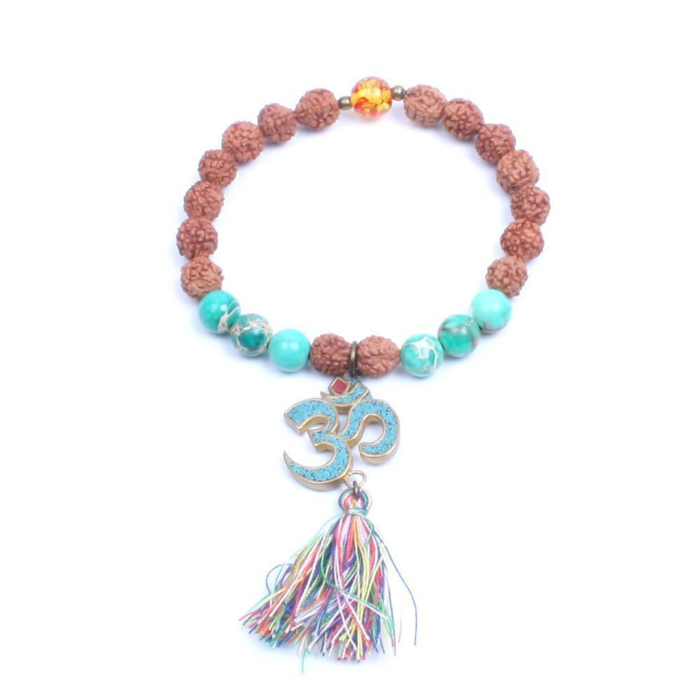 Natural Wood and Stone Beads OM Mantra Charm Tassel Bracelet Style 4 Bracelet