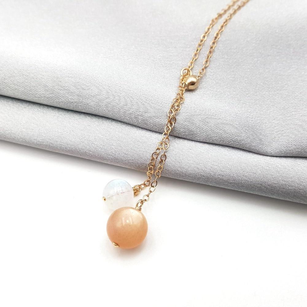 "Night and Day" Natural Sunstone and Moonstone 9K Gold Necklace Necklace