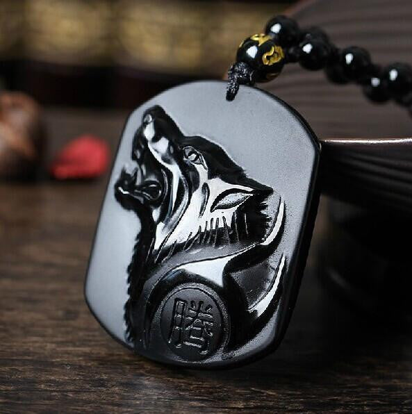 Obsidian Wolf Head Pendant Necklace Necklace