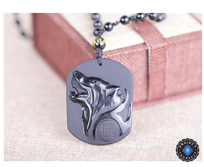 Obsidian Wolf Head Pendant Necklace Necklace