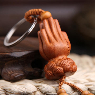 Peach Wood Namaskara Mudra Lotus Buddha Hand Key Ring Keychains