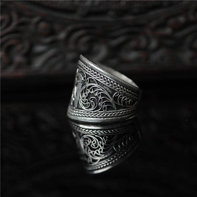 Tibetan Intricate Silk Flower Om Mantra Silver Ring
