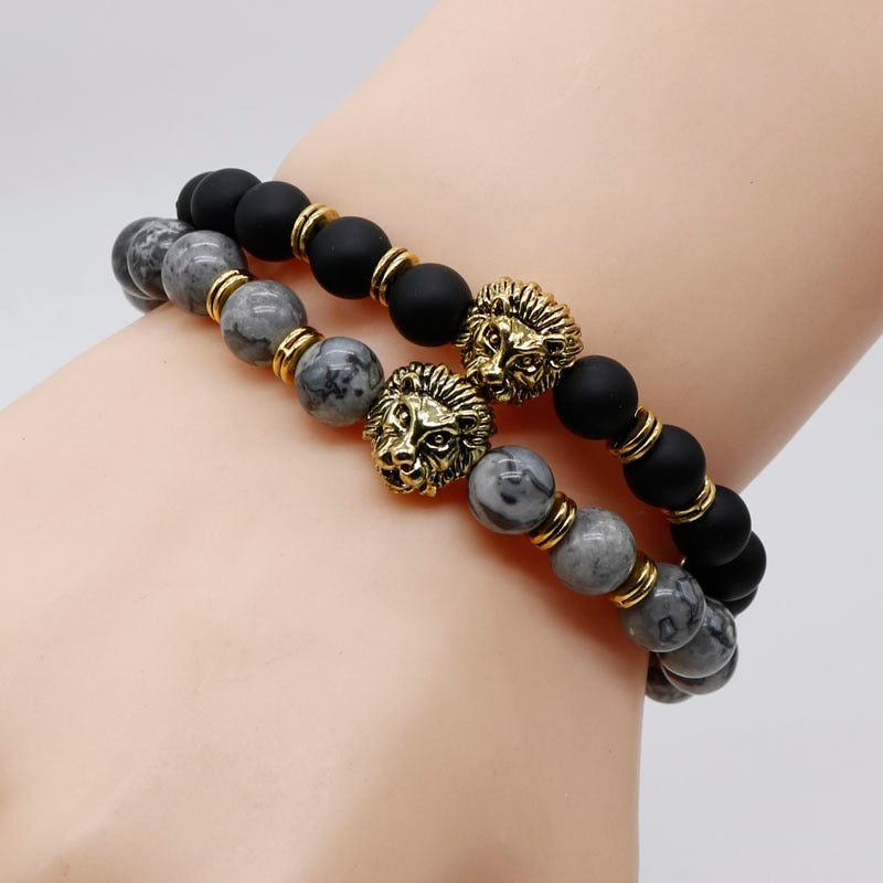 Natural Lava Stone and Black Agate Lion Beaded Bracelet