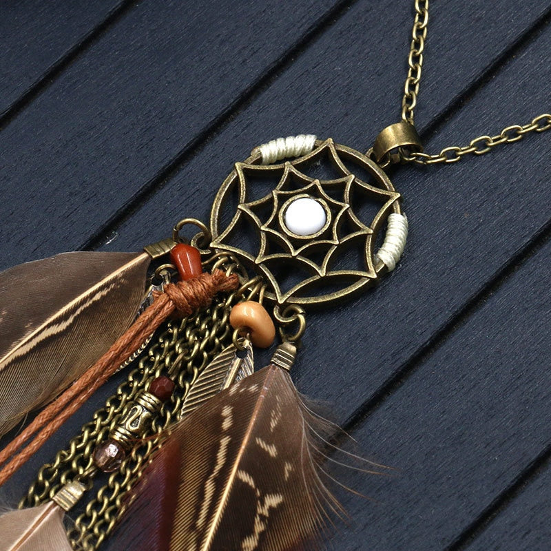 Boho Dreamcatcher Feather Pendant Necklace