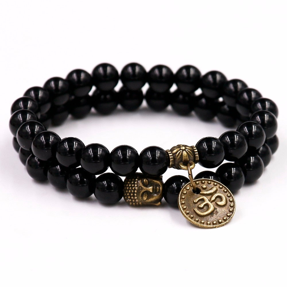 Black Onyx Buddha Om Charm Bracelet
