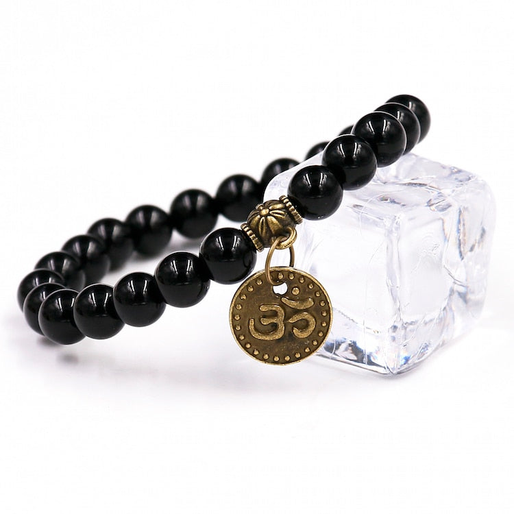 Black Onyx Buddha Om Charm Bracelet