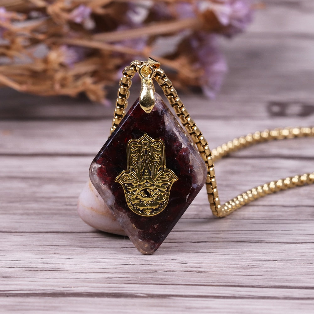 Garnet Hand Of Hamsa Orgone Necklace