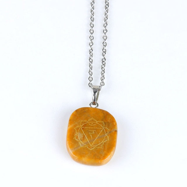 Gold Engraved Chakra Gemstone Reiki Healing Pendant Necklace