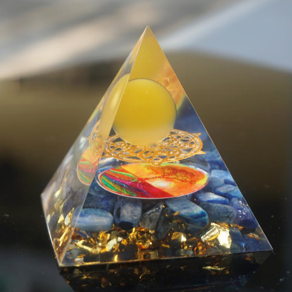 Yellow Agate Sphere and Kyanite Orgone Pyramid