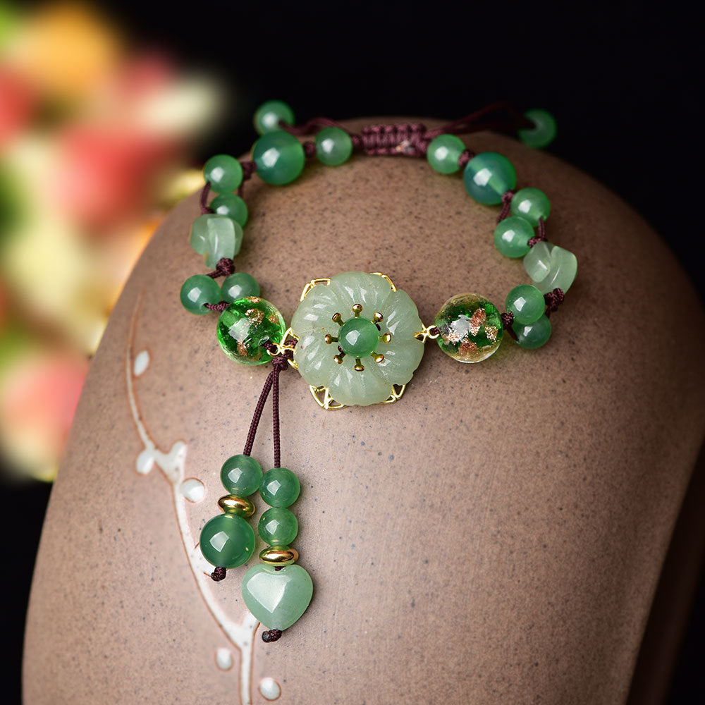 Retro Natural Green Jade Dangling Flower Bracelet