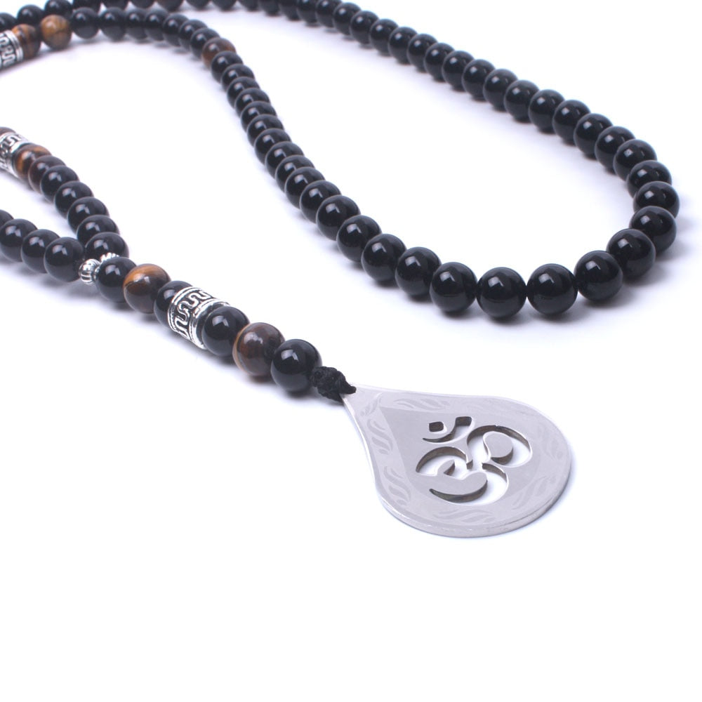 Om Black Onyx Tiger Eye Long Beaded Necklace
