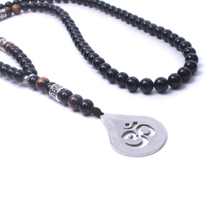 Om Black Onyx Tiger Eye Long Beaded Necklace