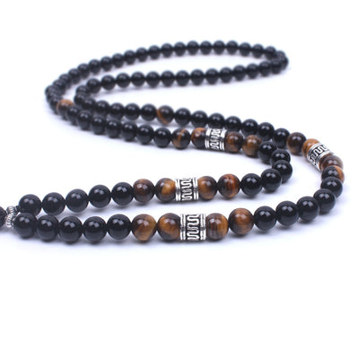 Om Black Onyx Tiger Eye Long Beaded Necklace