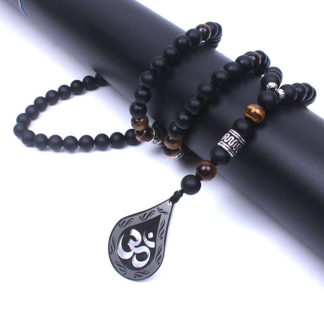 Om Black Onyx Tiger Eye Long Beaded Necklace