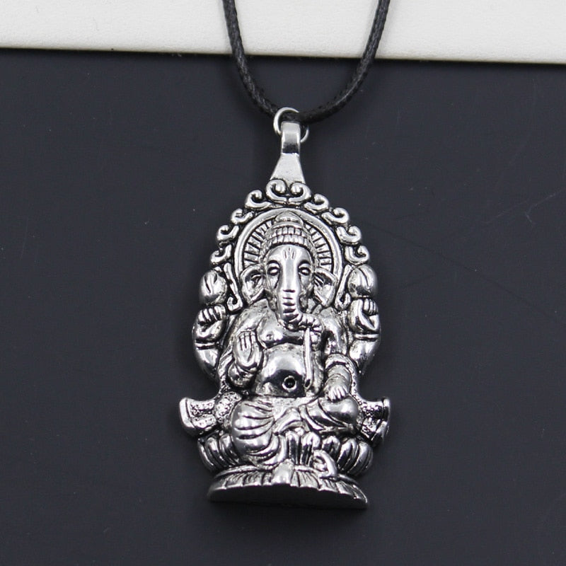 Ganesha Pendant Black Faux Leather Necklace