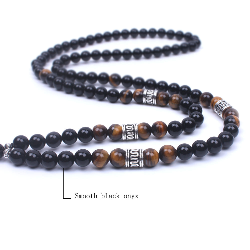 Om Black Onyx Tiger Eye Long Beaded Necklace