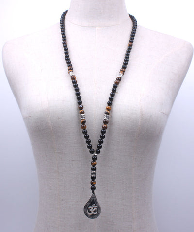 Om Black Onyx Tiger Eye Long Beaded Necklace