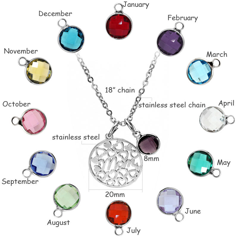 Stainless Steel "Mom" Birthstone Charm Necklace