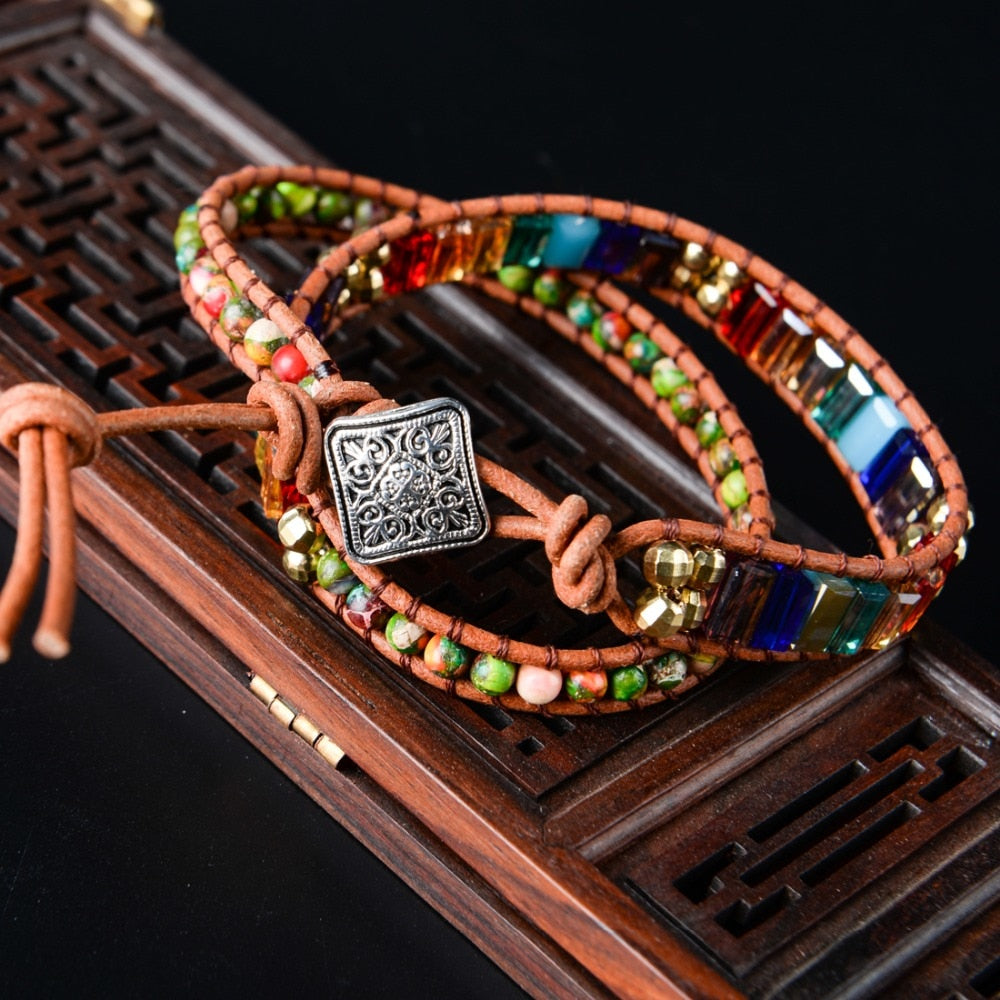 7 Chakra Crystal Leather Wrap Bracelet