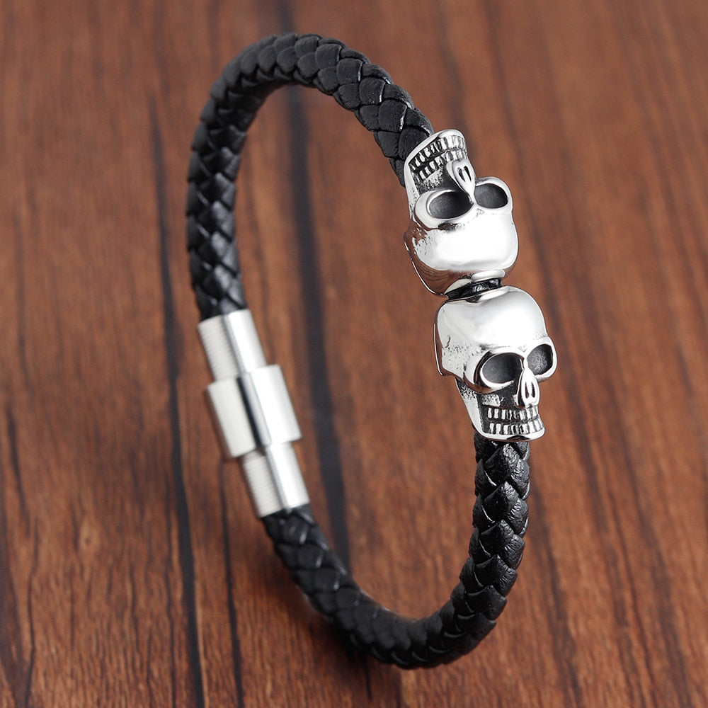 Protection Skull Stainless Steel Leather Bracelet – Project Yourself