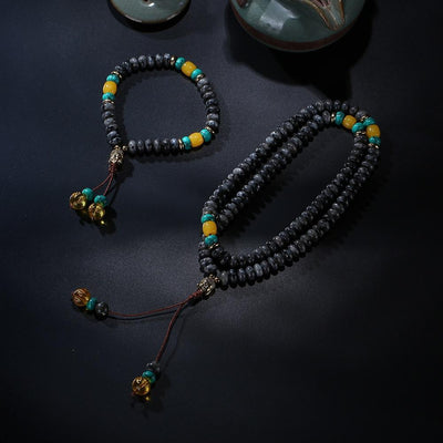 ROXY Flat Natural Lapis Lazuli Stone With 6 Syllable Mantra Tassel and Buddha Head Charm Mala Set Spectrolite Jewelry Set