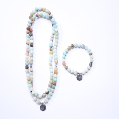 ROXY Matte Amazonite Beads Lotus Charm Mala Set Jewelry Set